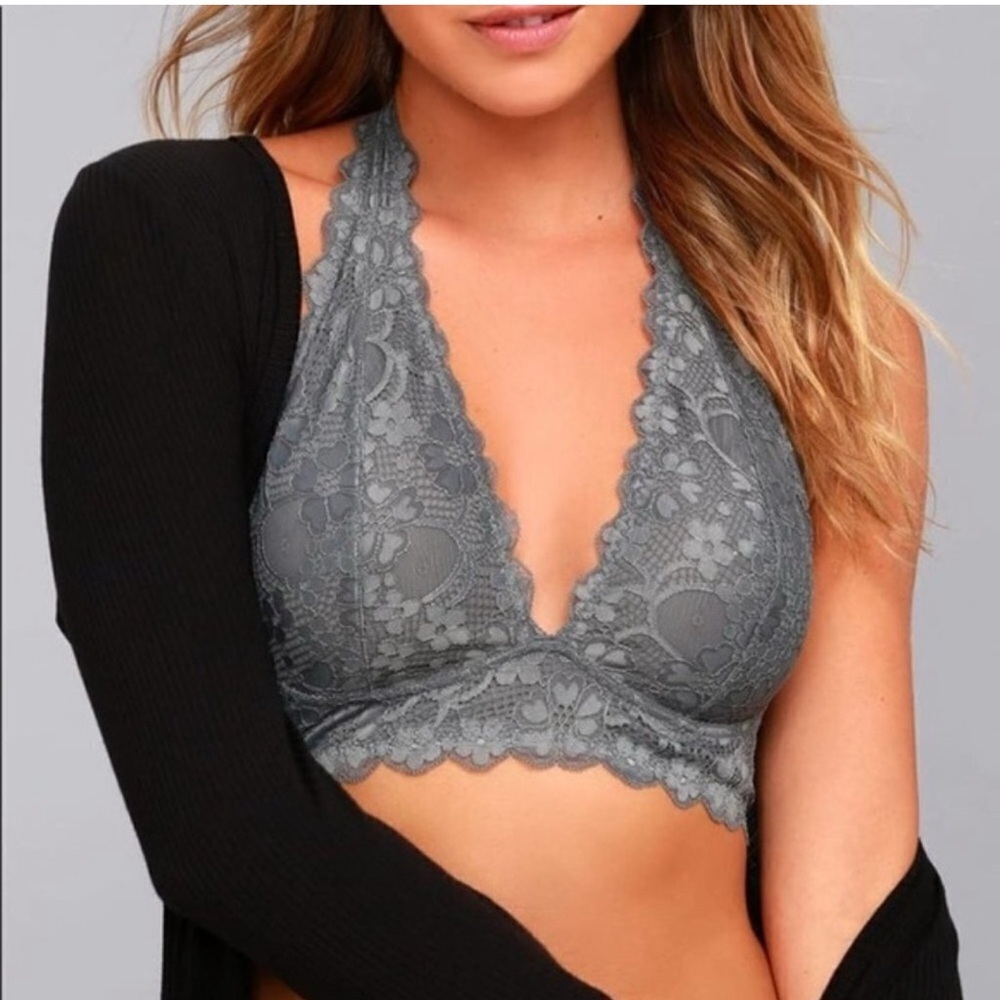 Free People Lace Halter Bralette Blue Floral‎ Sheer Stretch Bra Small Sexy Cute